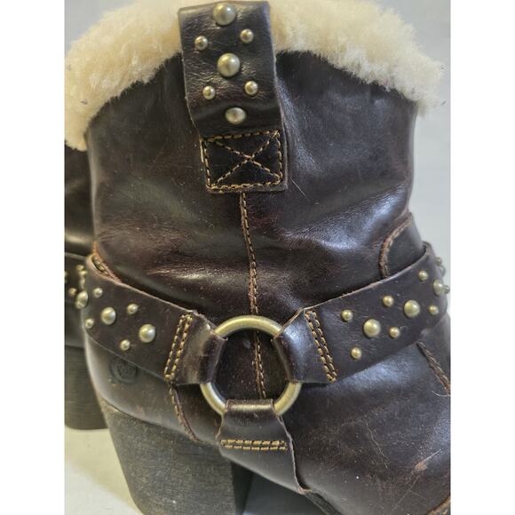 Born Ankle Harness Boots Womens Sz 6 Brown Sheep Shearling Lined Leather Studded - Picture 5 of 8